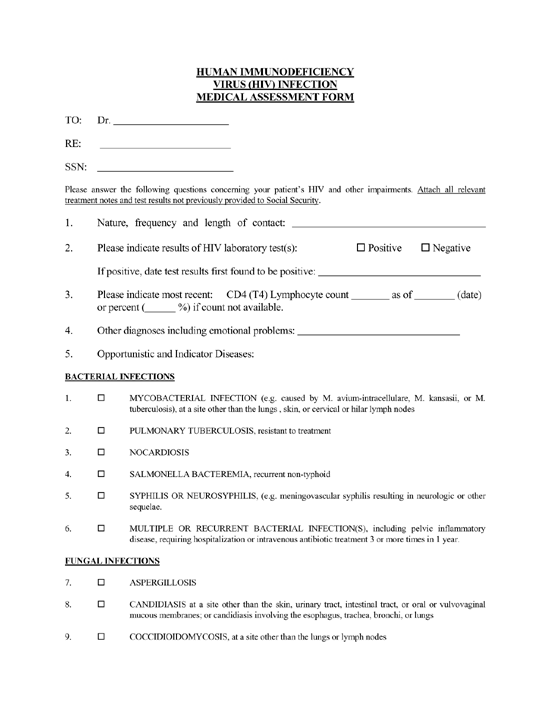 HIV Infection Medical Assessment Form